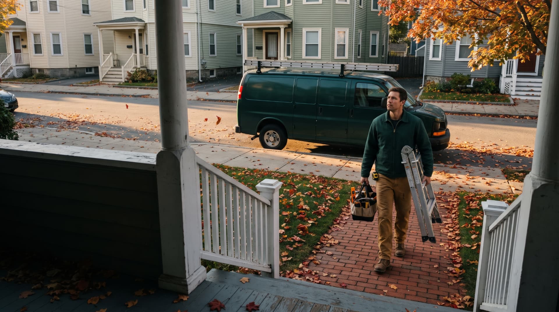 A Cambridge technician walking up the brick path to a house with a tool bag and step ladder, his work van parked at the curb